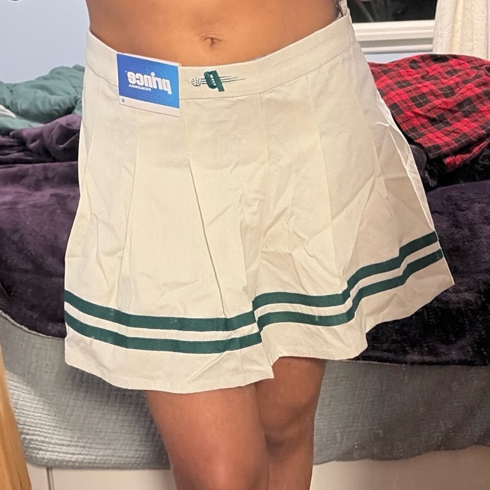 Prince White Pleated Tennis Skirt with Green Stripe